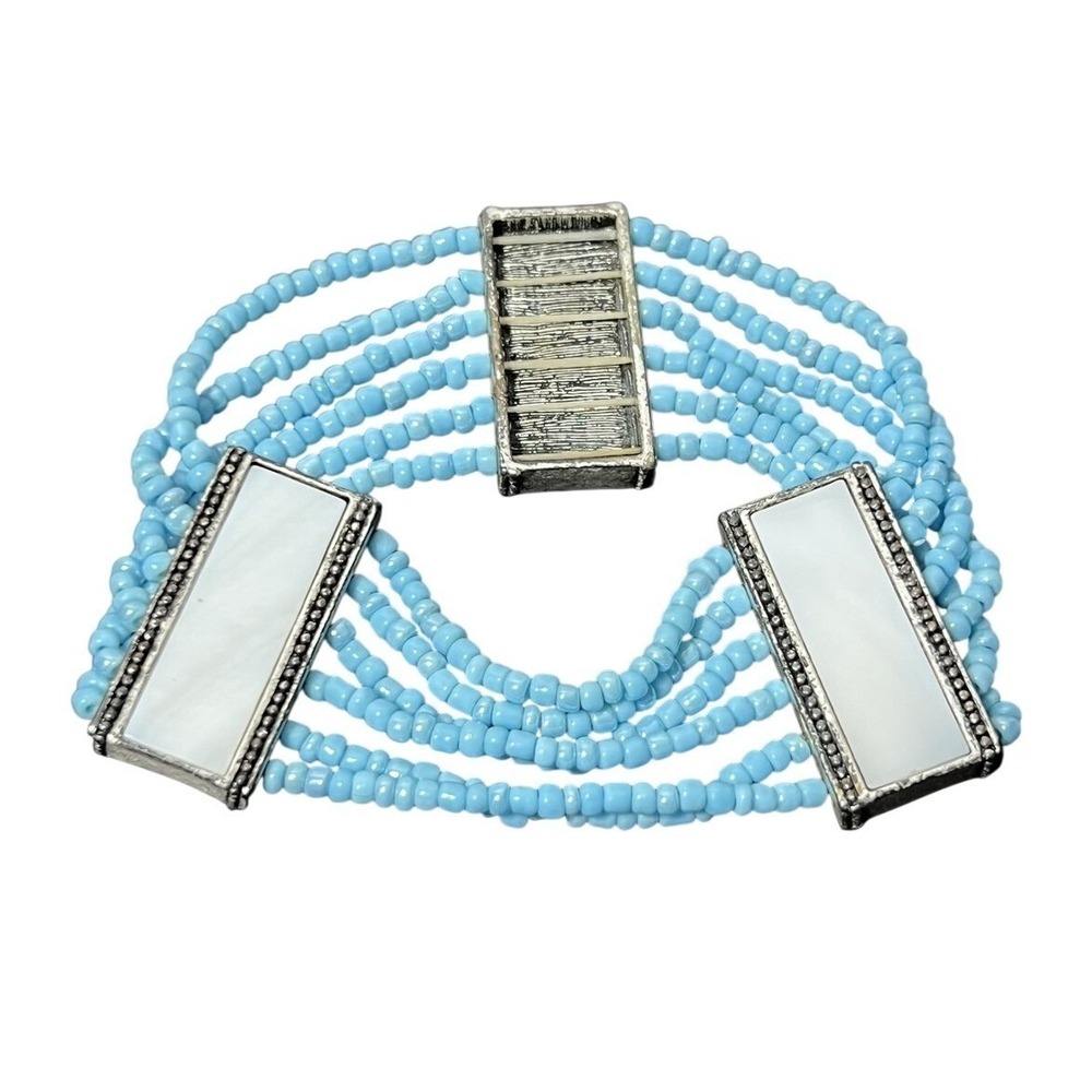 Fashion Multi Strand Blue Seed Bead Bracelet White Panel Silver Tone Clasp